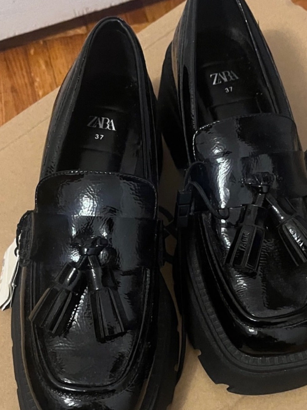Zara Black Patent Tassel Chunky Loafers